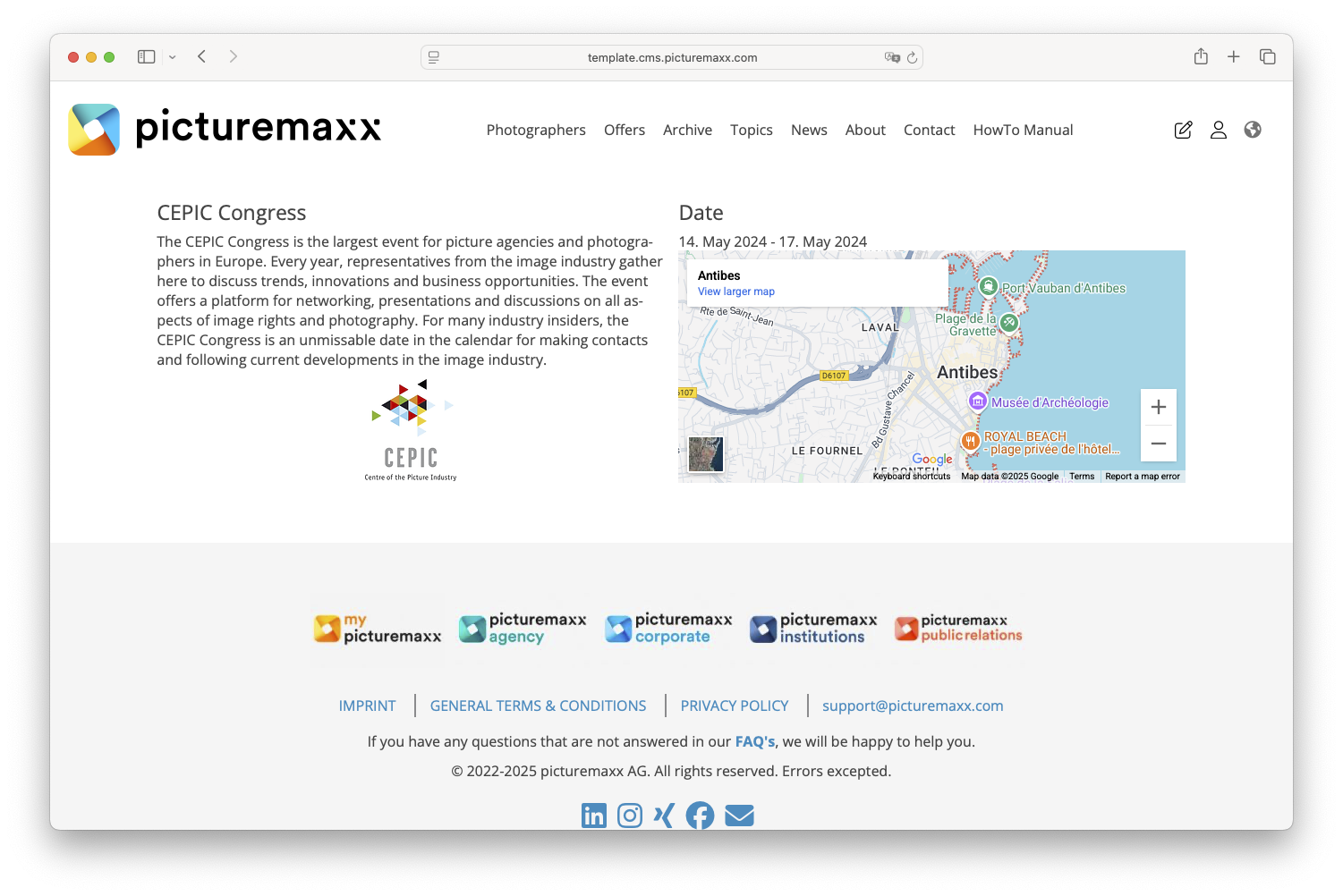Screenshot of the picturemaxx Drupal demo page, showing a event page.