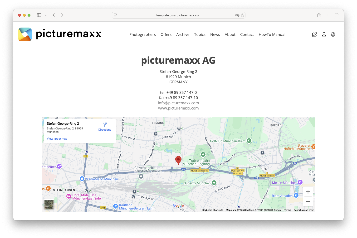 Screenshot of the picturemaxx Drupal demo page, showing a location page.
