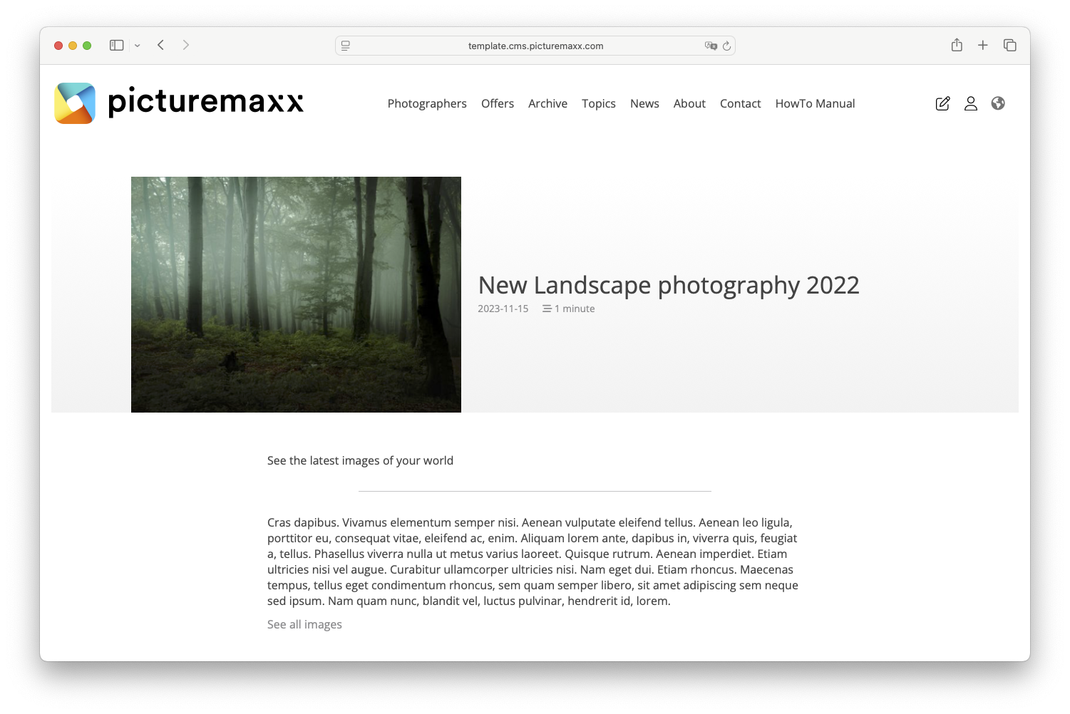 Screenshot of the picturemaxx Drupal demo page, showing a news article page.