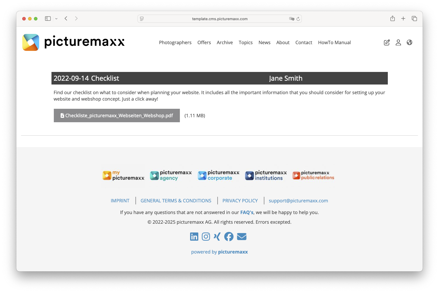 Screenshot of the picturemaxx Drupal demo page, showing a publication page.