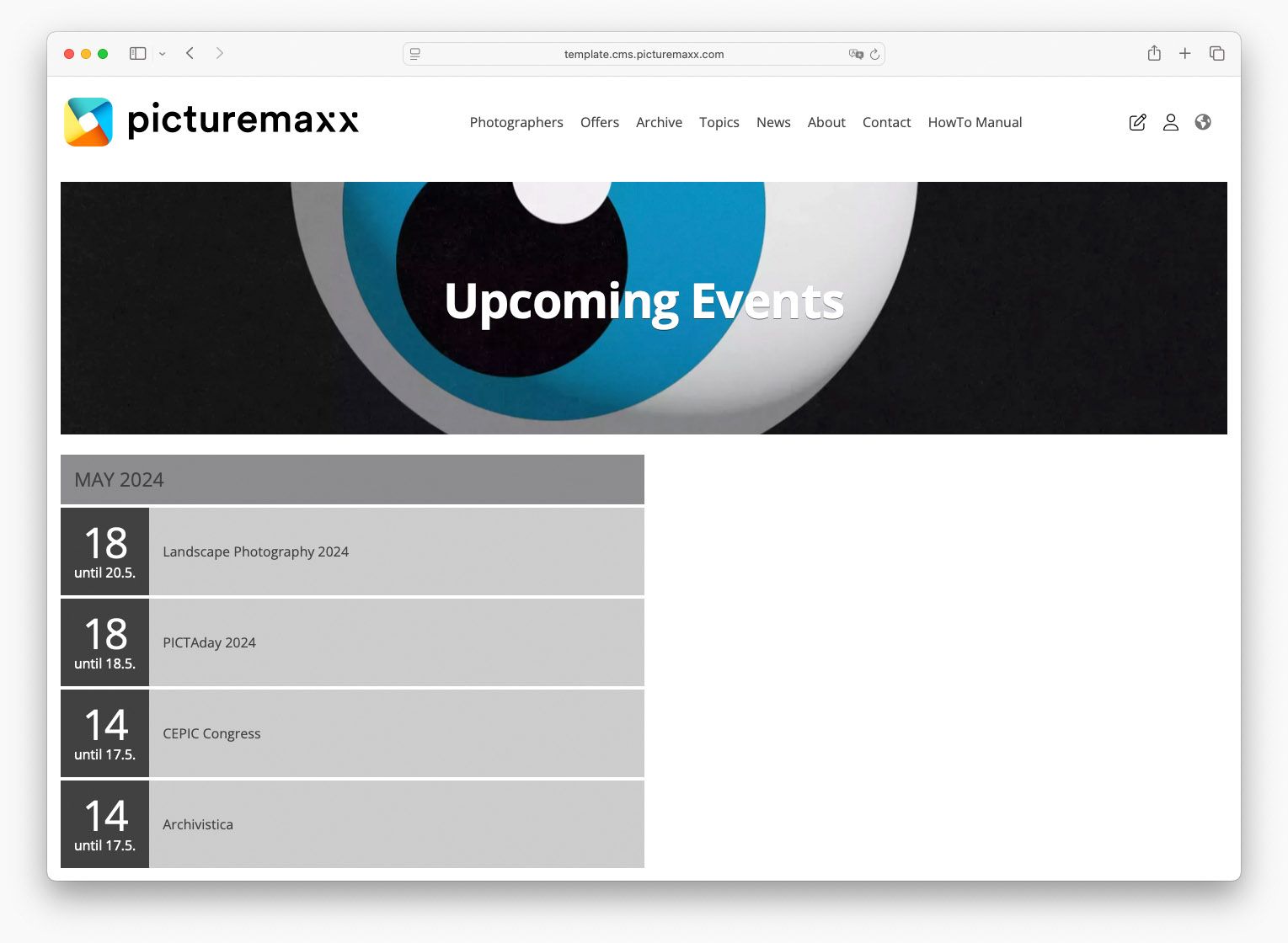 Screenshot of the picturemaxx Drupal demo page, showing an exemplary event page.