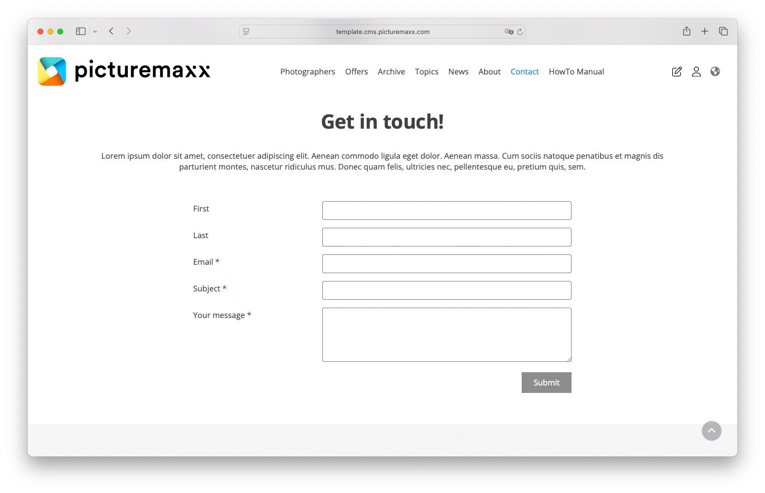 Screenshot of the picturemaxx Drupal demo page, showing the contact form paragraph.