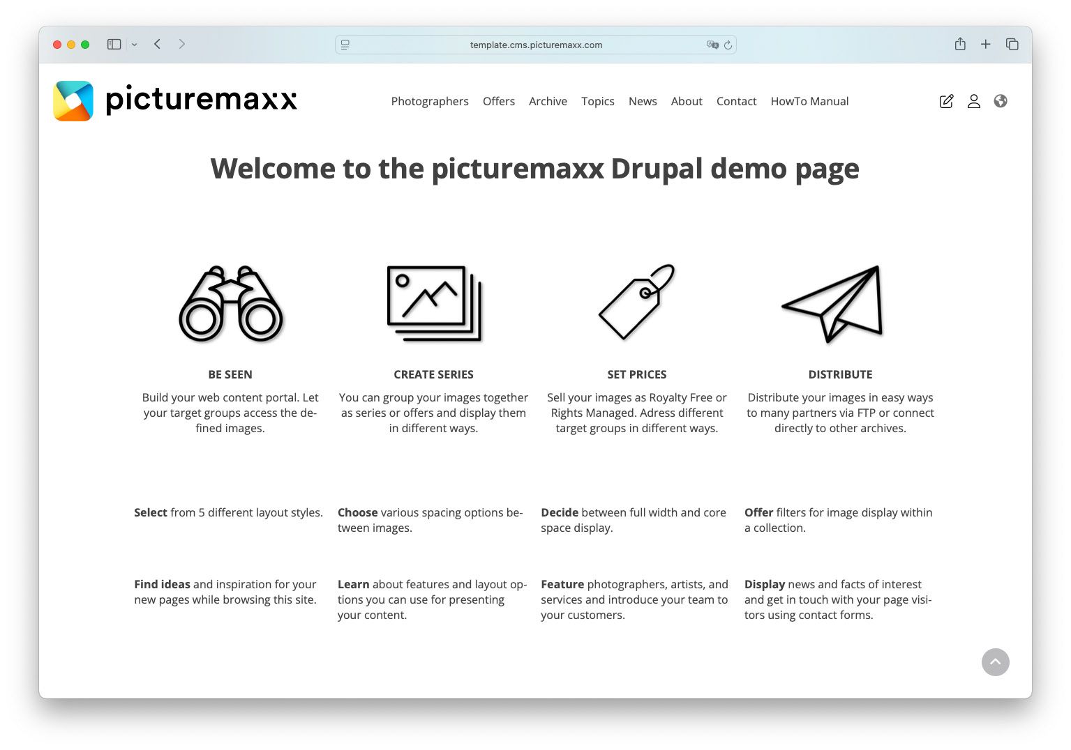 Screenshot of the picturemaxx Drupal demo page, showing a Columns, Text and Media element.