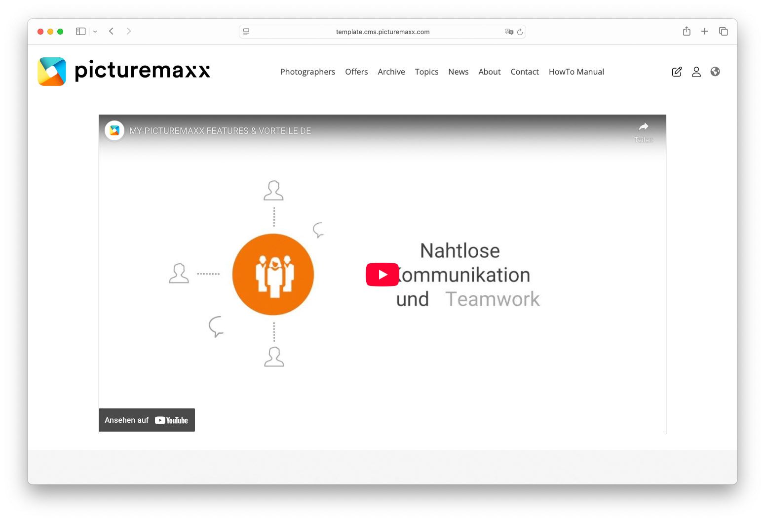 Screenshot of the picturemaxx Drupal demo page, showing the embedded media paragraph.