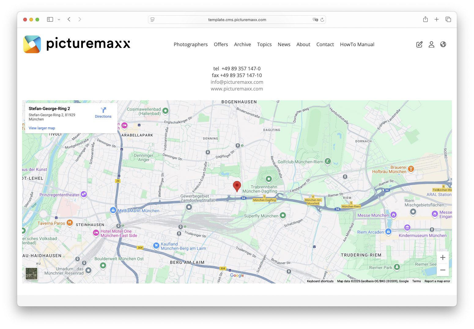 Screenshot of the picturemaxx Drupal demo page, showing a embedded Google Map.
