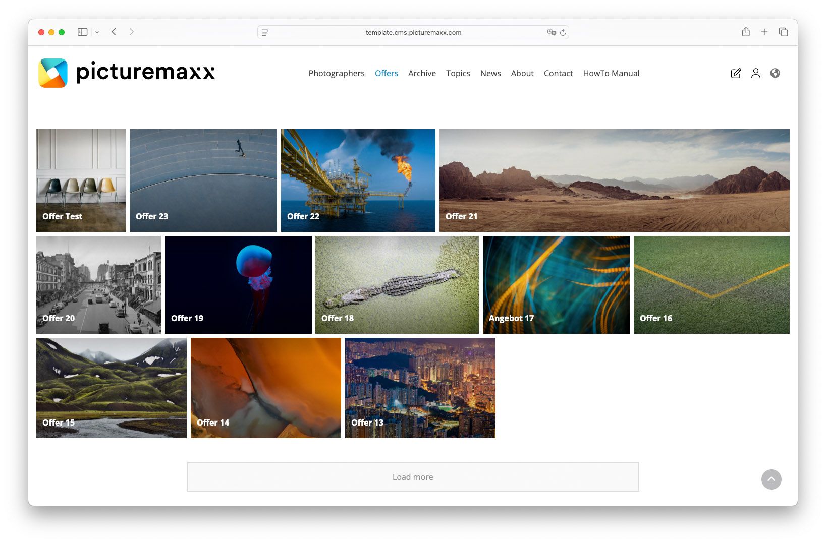Screenshot of the picturemaxx Drupal demo page, showing the offers overview paragraph.