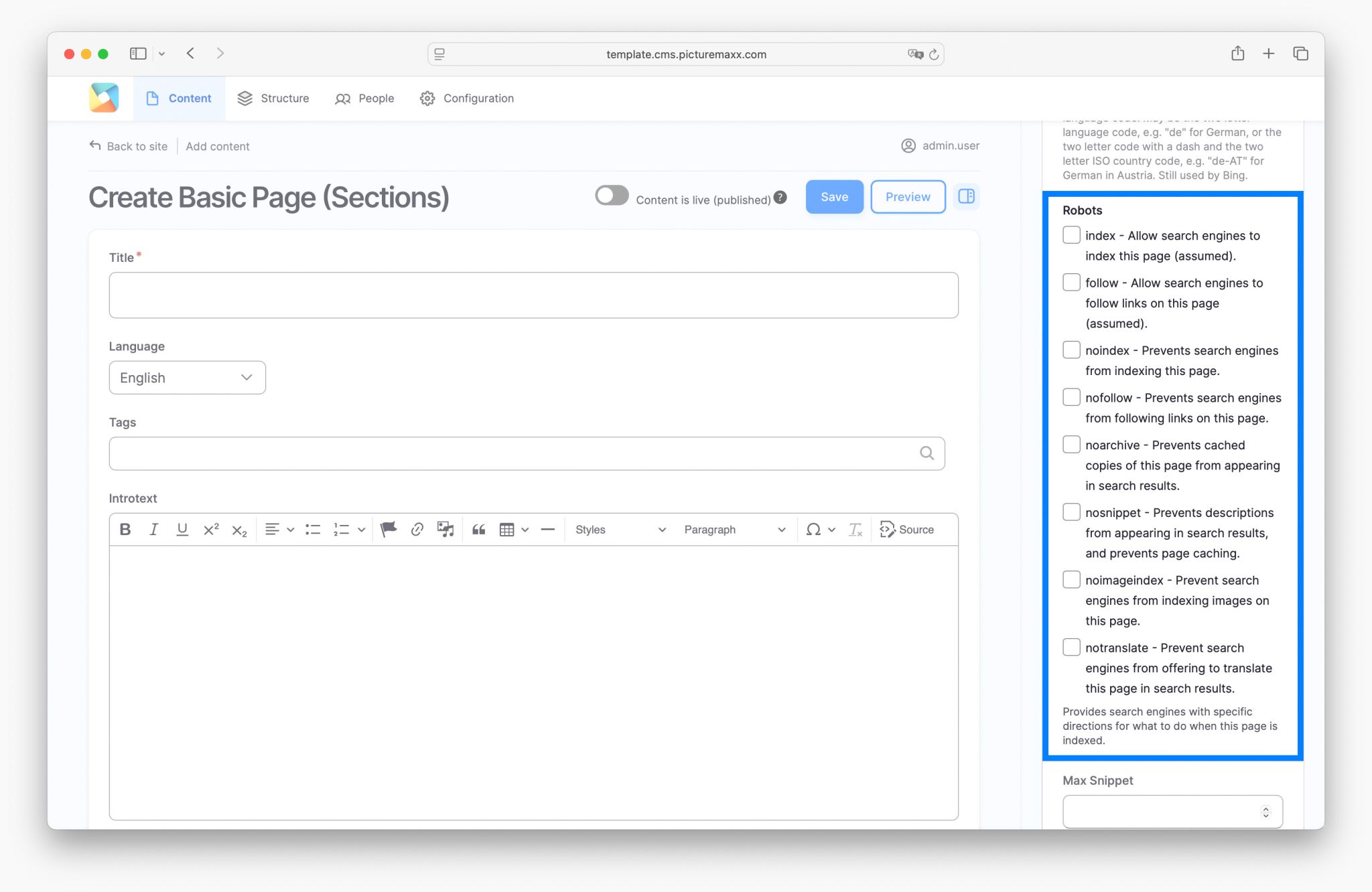 Screenshot of the picturemaxx Drupal demo page, highlighting the robots in advanced meta tags.