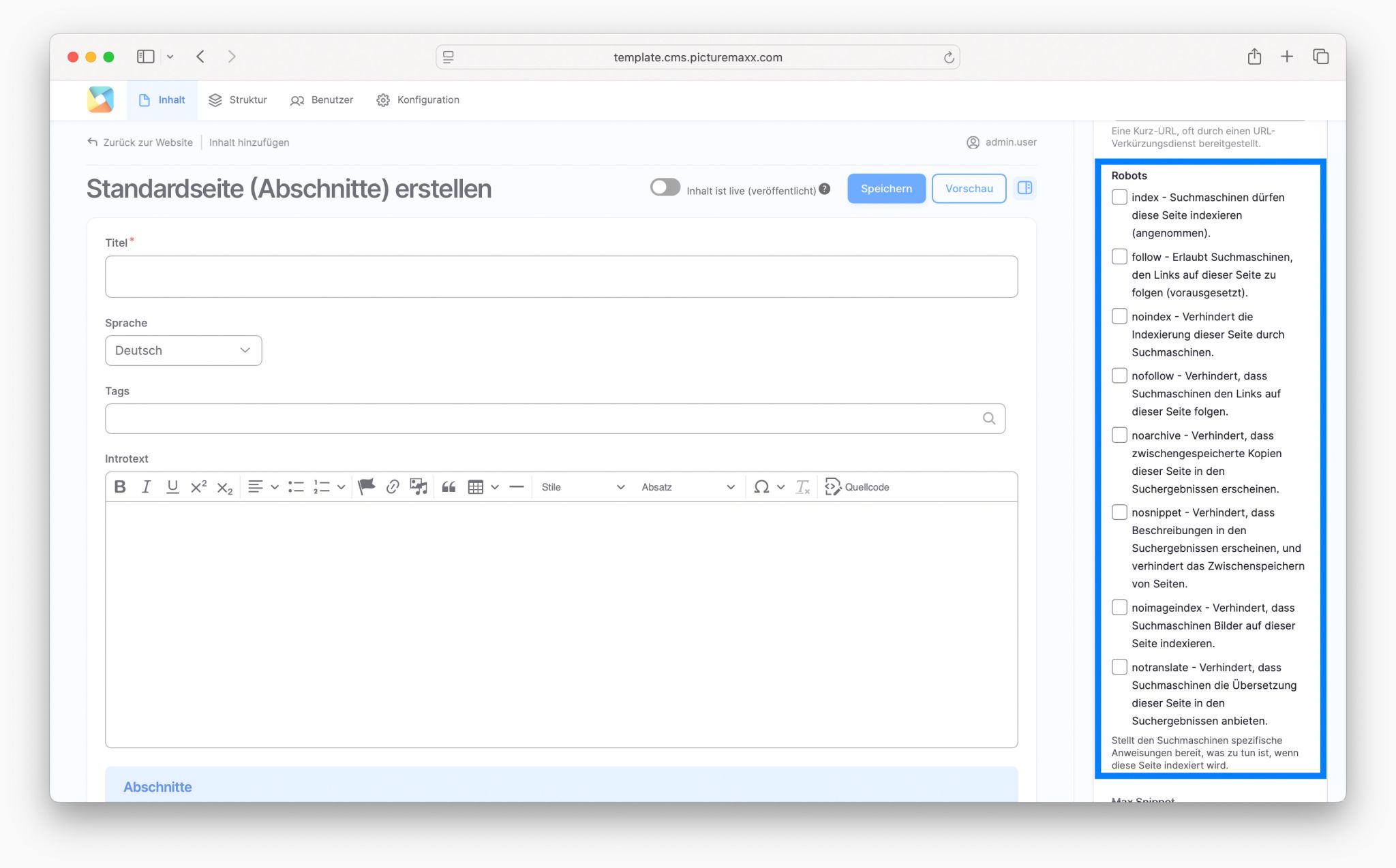 Bildschirmfoto der picturemaxx Drupal demo Seite