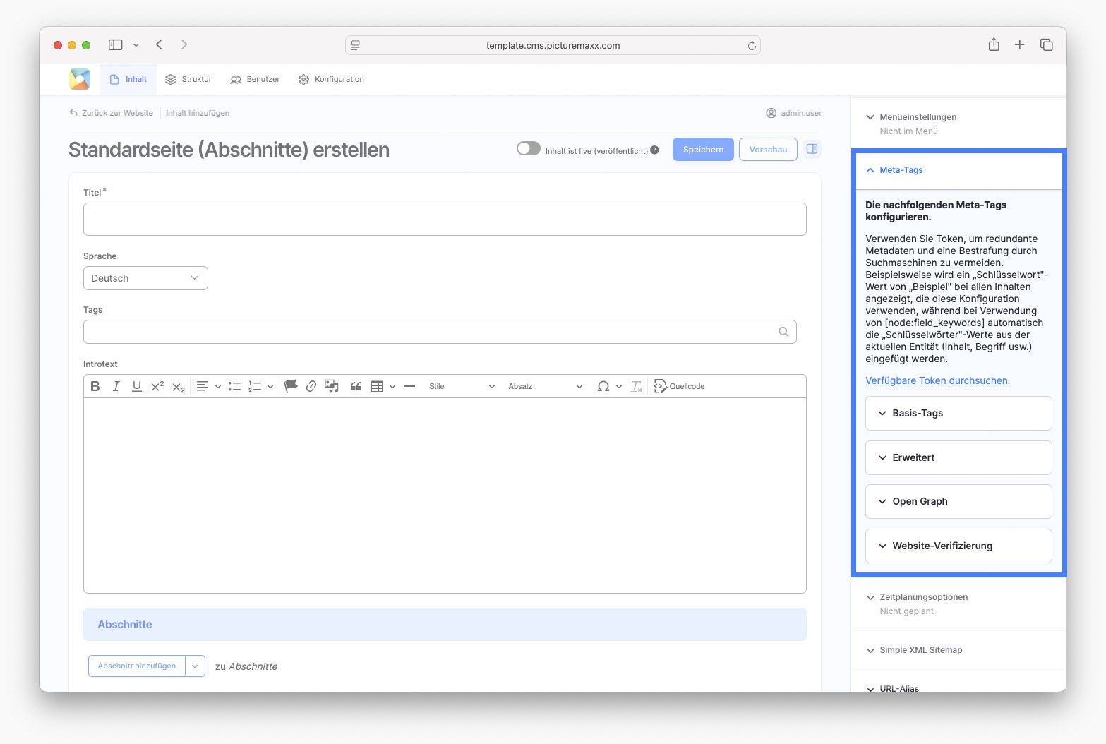 Bildschirmfoto der picturemaxx Drupal demo Seite.