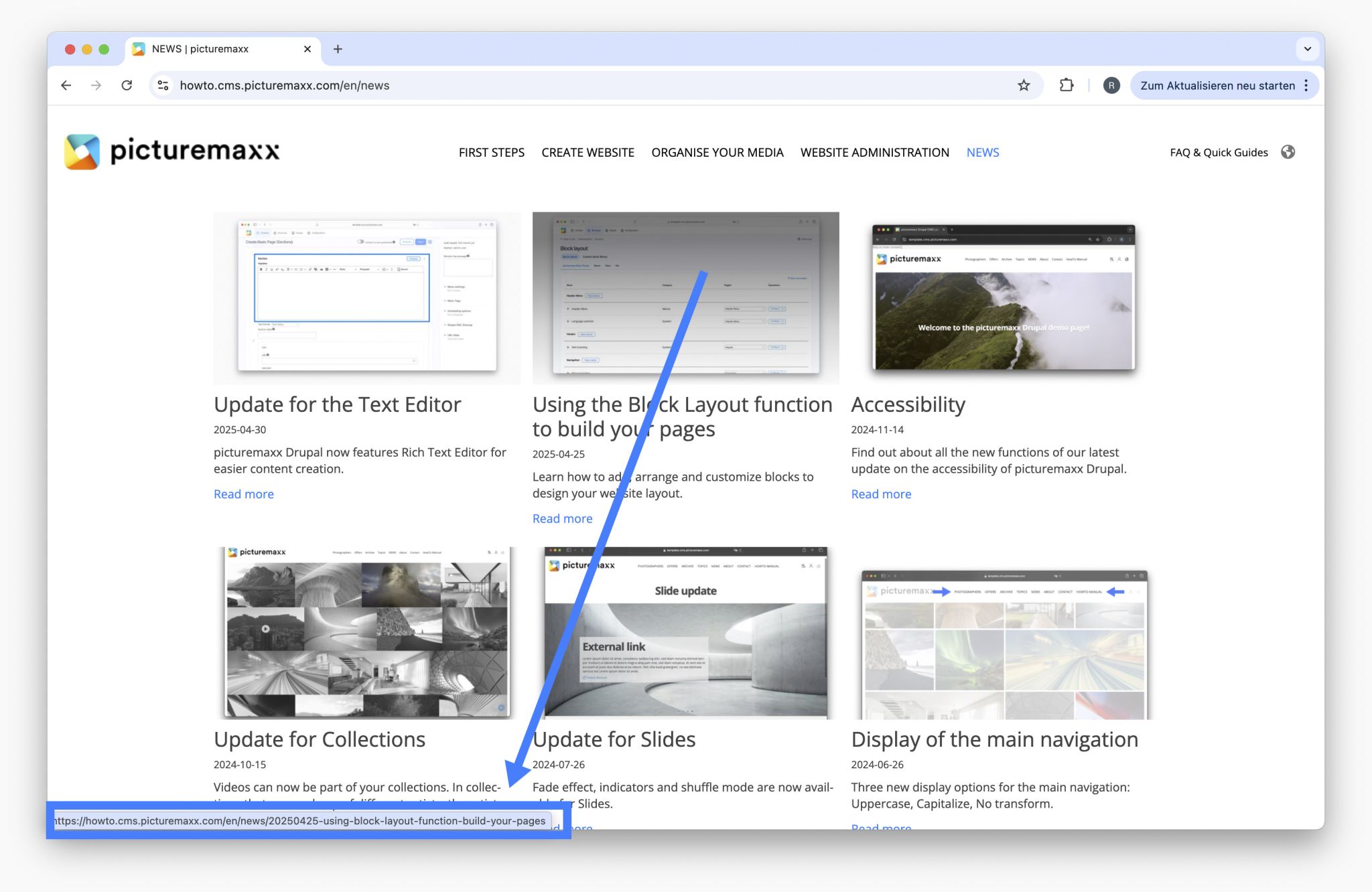 Bildschirmfoto der picturemaxx Drupal demo Seite.