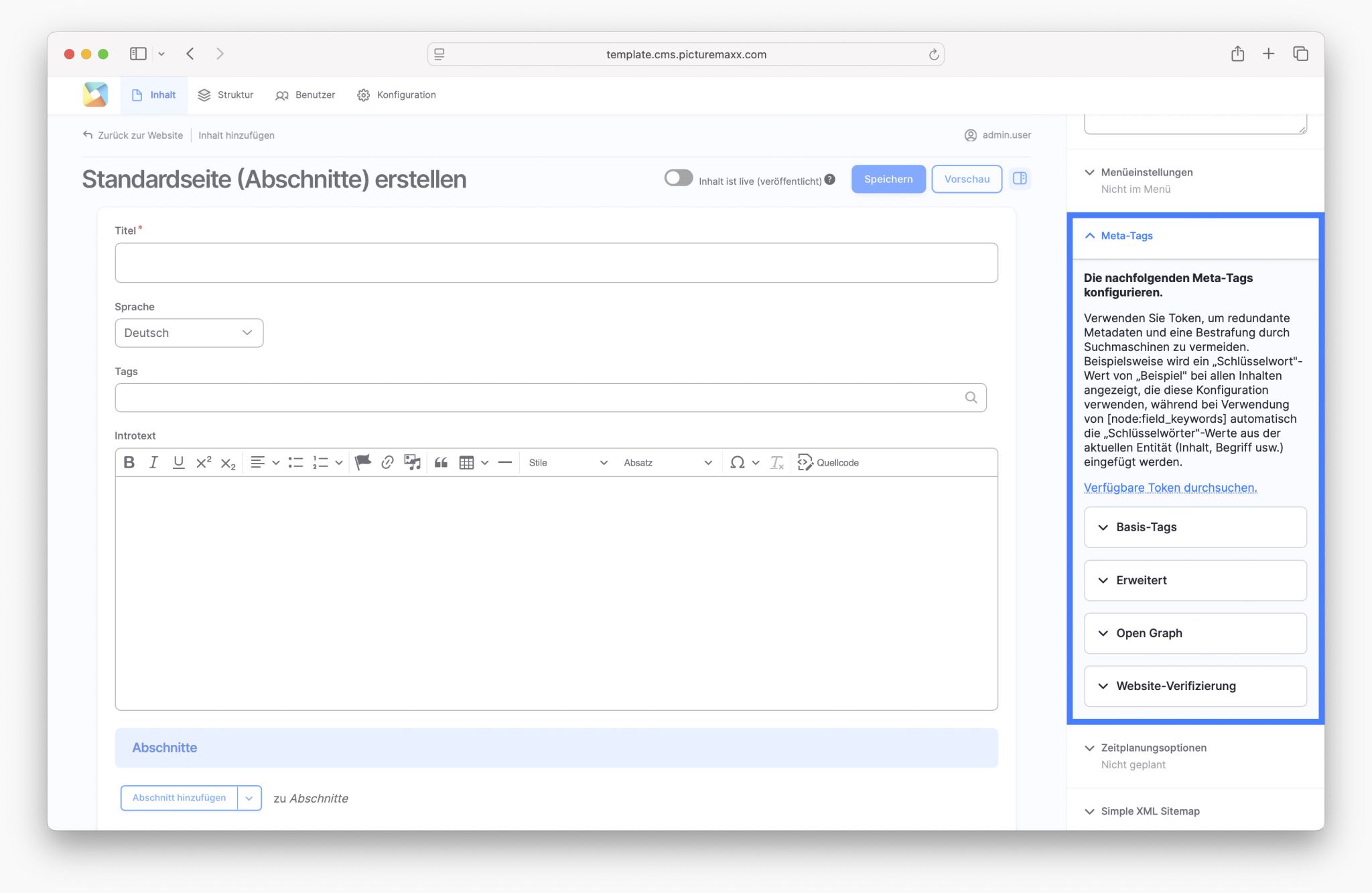 Bildschirmfoto der picturemaxx Drupal demo Seite.