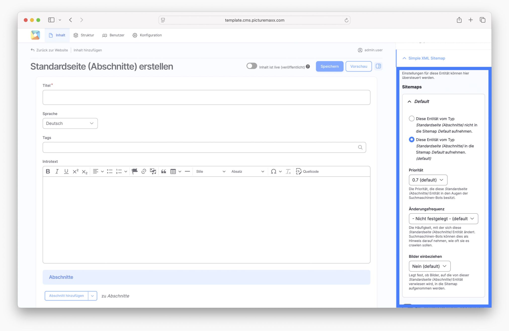 Bildschirmfoto der picturemaxx Drupal demo Seite.