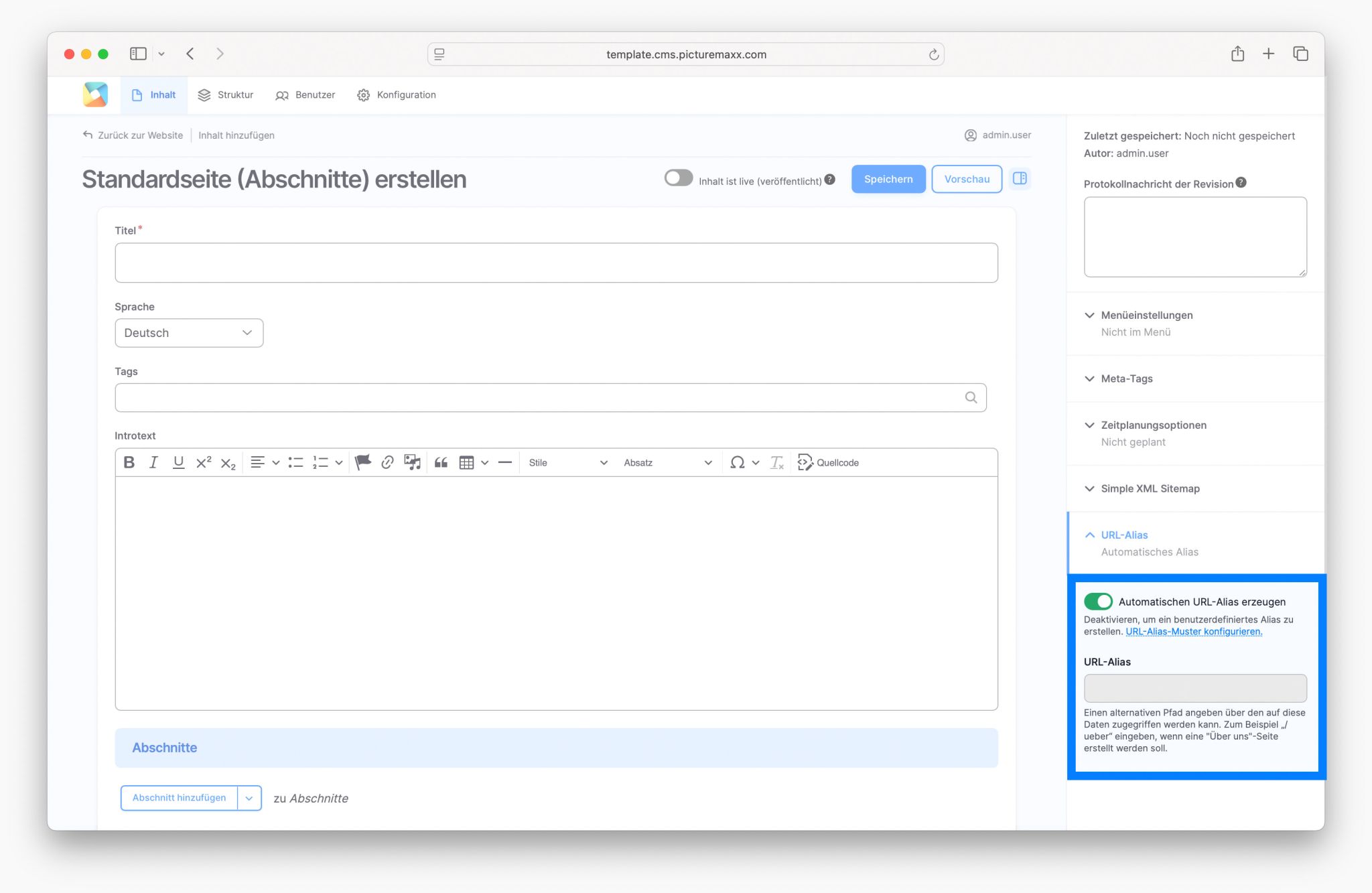 Bildschirmfoto der picturemaxx Drupal demo Seite.