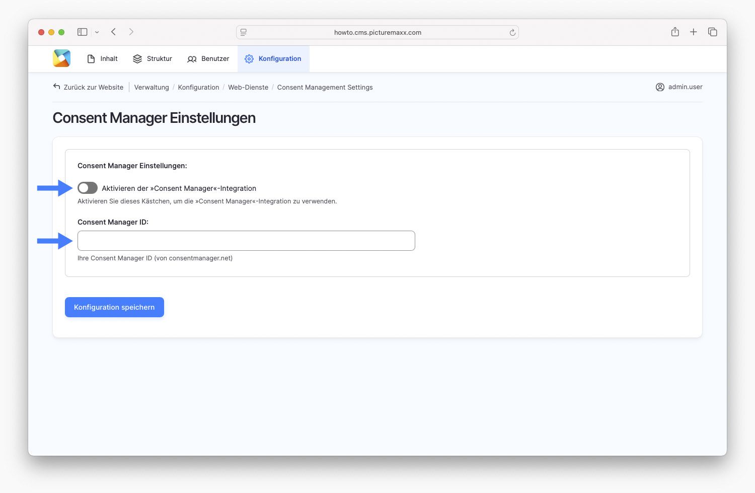 Bildschirmfoto der picturemaxx Drupal demo Seite.