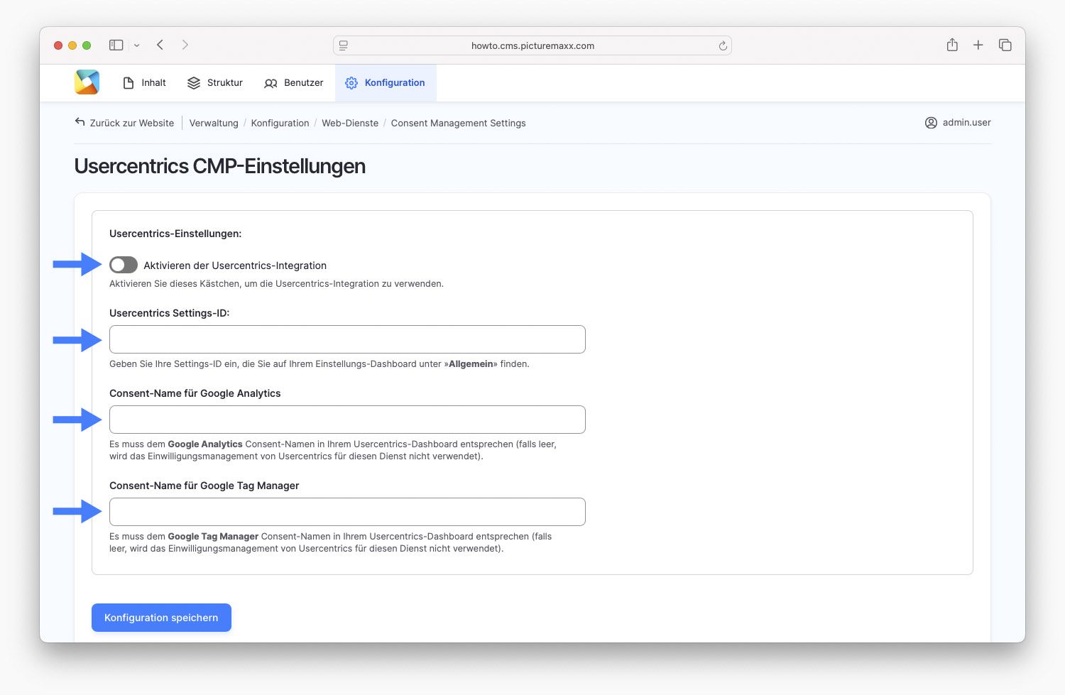 Bildschirmfoto der picturemaxx Drupal demo Seite.