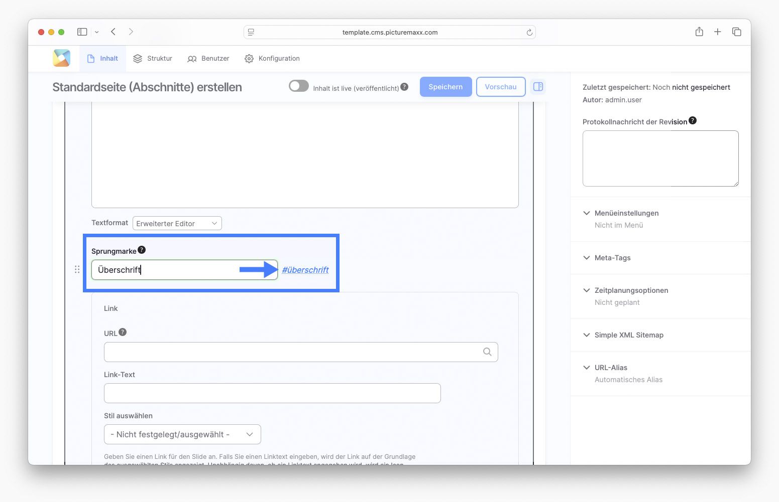 Bildschirmfoto der picturemaxx Drupal demo Seite.
