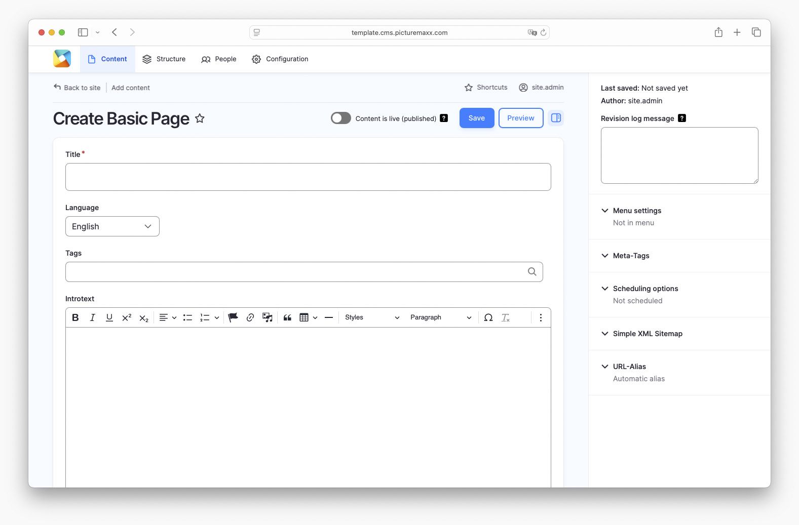 Screenshot of the picturemaxx Drupal demo page.
