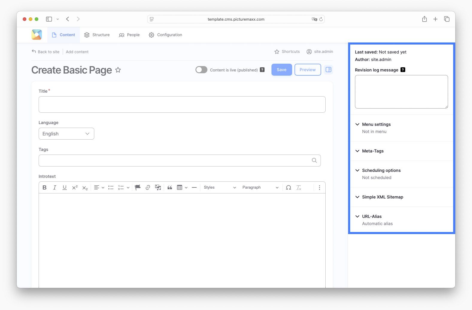 Screenshot of the picturemaxx Drupal demo page.