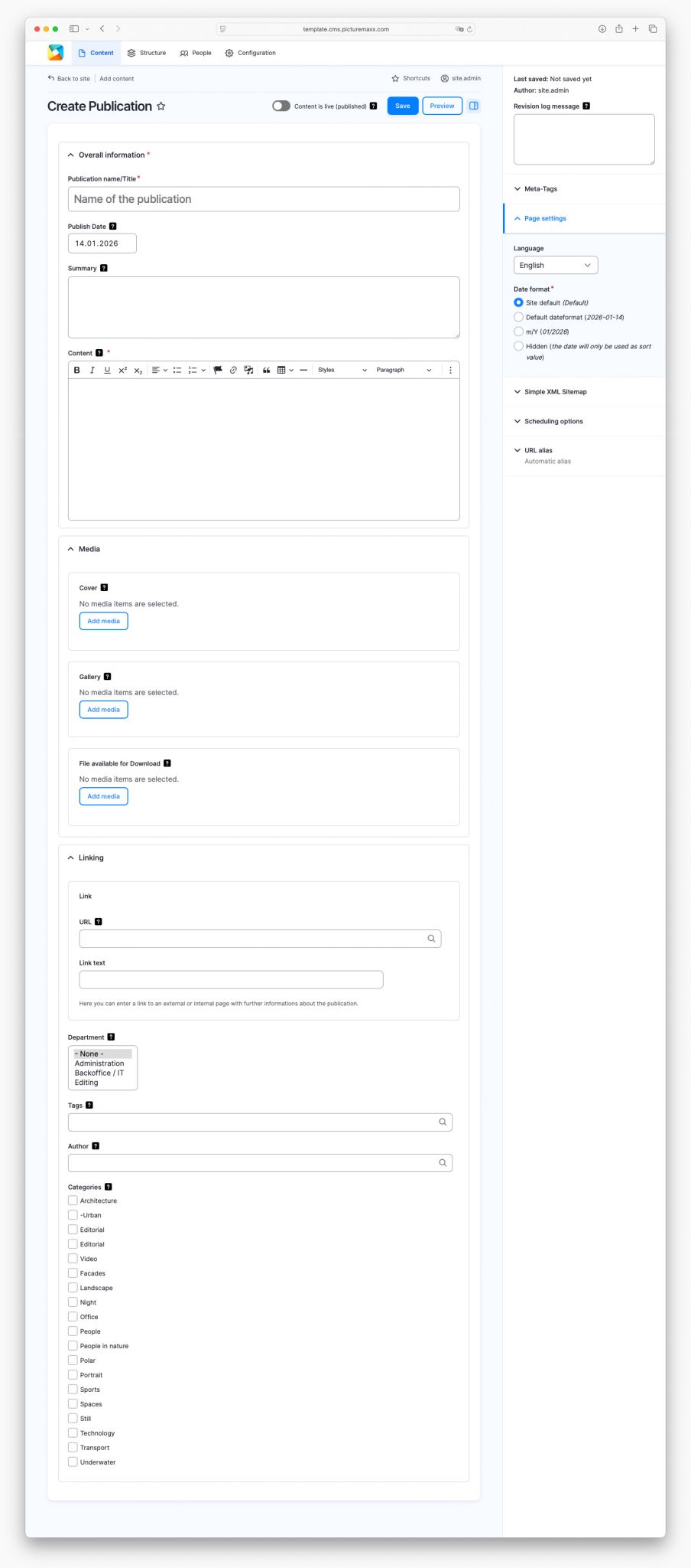 A screenshot of showing the setup page of the content type publication in picturemaxx Drupal.