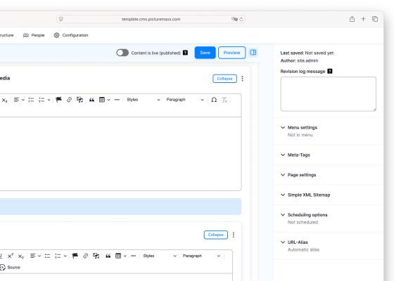 Screenshot of the picturemaxx Drupal demo page.