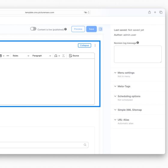 Screenshot of the text editor in picturemaxx Drupal